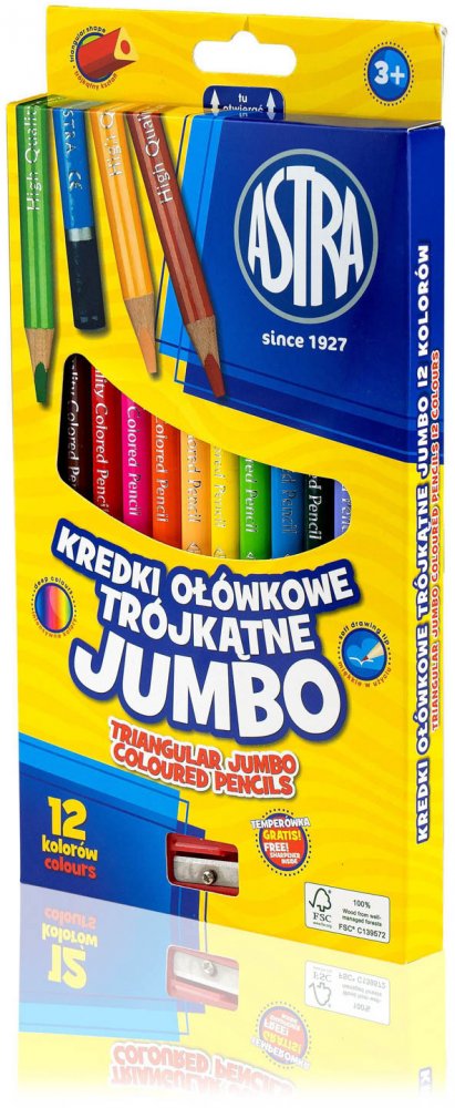 Kredki ołówkowe trójkątne Astra Jumbo, z temperówką, 12 sztuk, mix kolorów
