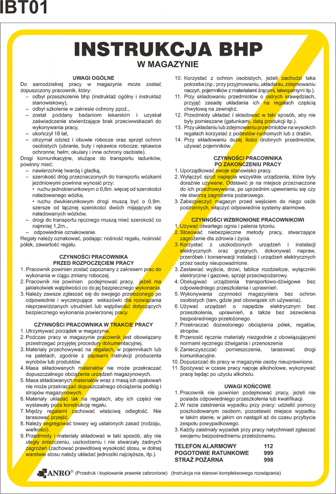 Tabliczka informacyjna Instrukcja BHP dla pracowników magazynu Anro, 250x350mm