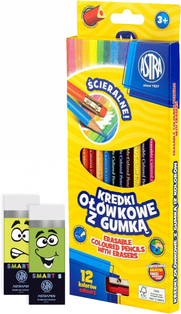 Zestaw: Kredki ołówkowe ścieralne Astra, trójkątne, z gumką, 12 sztuk + temperówka, mix kolorów + 2x Gumka do ścierania Astra Astrapen Smart S, biały