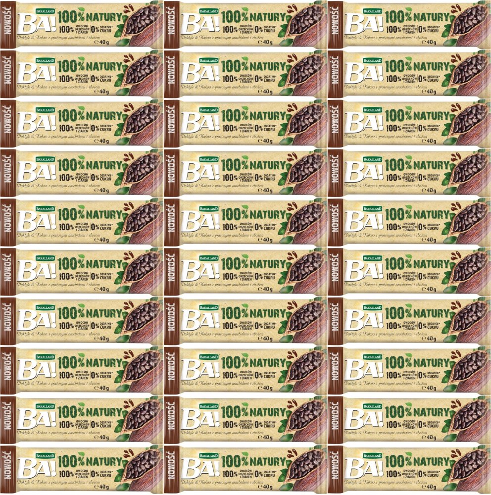 36x Baton owocowy Bakalland BA!, daktyl, kakao i arachid, bez cukru, 40g