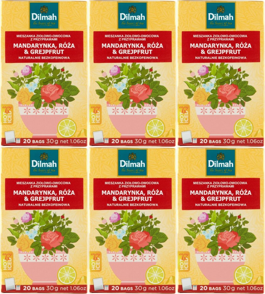 6x Herbata ziołowo-owocowa w torebkach Dilmah, mandarynka/róża/grejpfrut, 20 sztuk x 1.5g