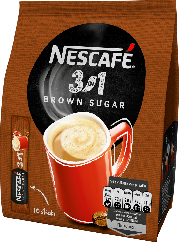 Kawa rozpuszczalna w saszetkach Nescafé 3w1 Brown Sugar, z brązowym cukrem, 10 sztuk x 16.5g
