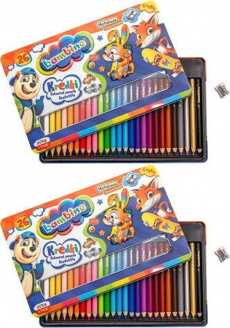 2x Kredki Bambino Zwierzaki Uczniaki, w oprawie drewnianej, w metalowym pudełku, 26 sztuk + temperówka, mix kolorów