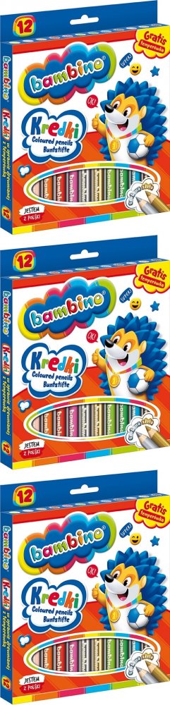 3x Kredki Bambino Zwierzaki Uczniaki, w oprawie drewnianej, 12 sztuk + temperówka, mix kolorów
