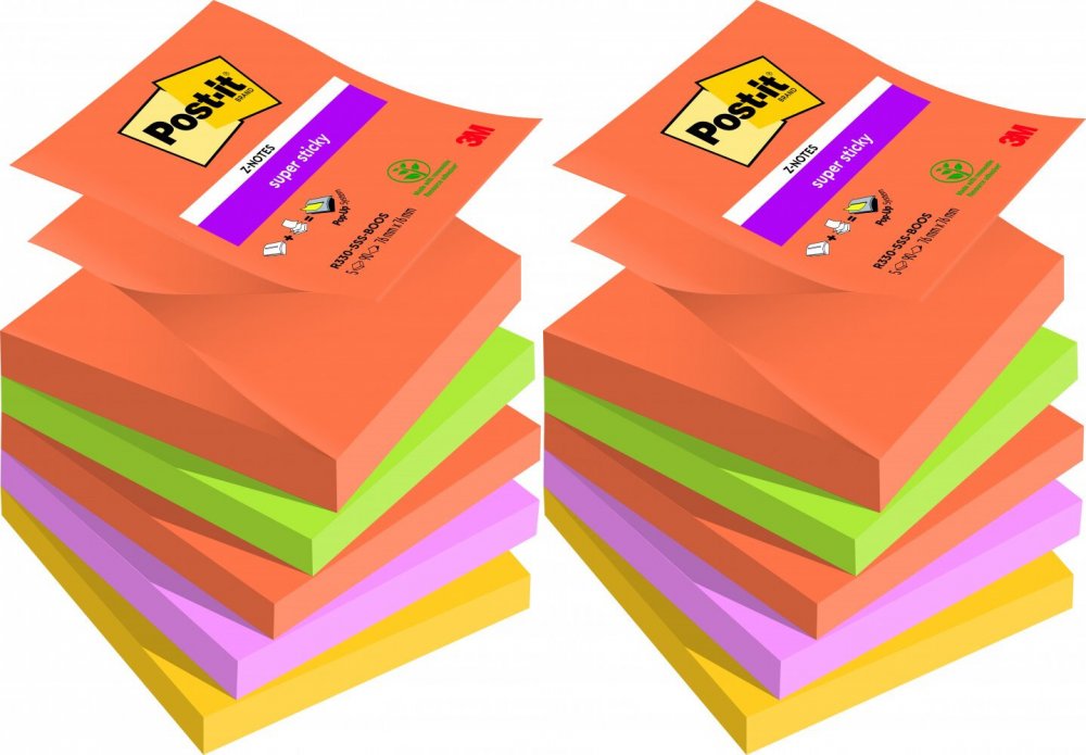 2x Karteczki samoprzylepne Post-it Super Sticky Z-Notes, kolekcja BOOST, 76x76mm, 5x90 karteczek, mix kolorów