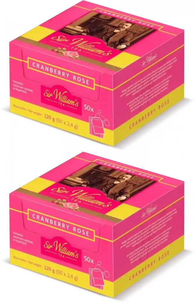2x Herbata owocowa w kopertach Sir William’s Cranberry Rose, żurawina i dzika róża, 50 sztuk x 2.4g
