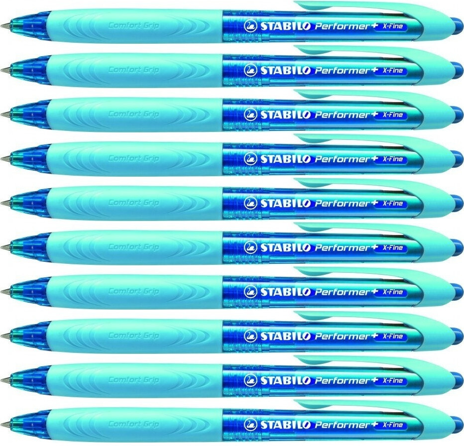 10x Długopis automatyczny Stabilo Performer+ X-Fine, kolor niebieski, tusz niebieski