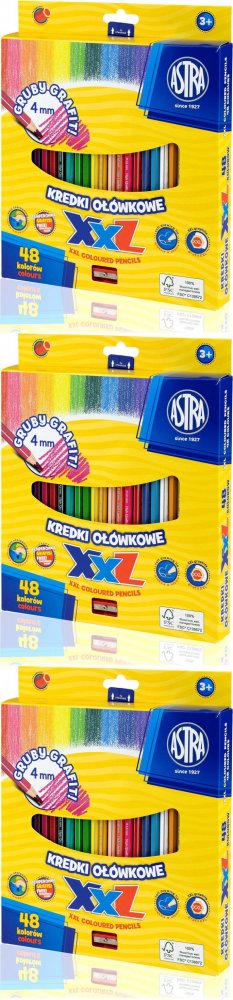 3x Kredki ołówkowe Astra, heksagonalne, gruby grafit, 48 kolorów + temperówka