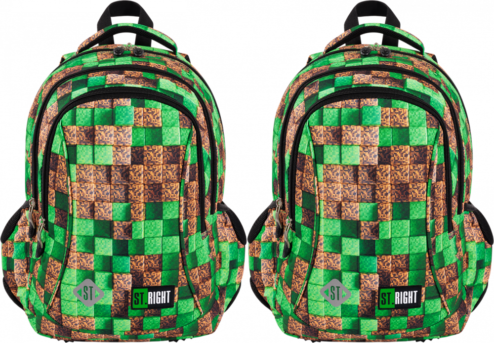 2x Plecak szkolny St.Right BP26 Pixel Cubes, trzykomorowy, 20l, 39x27x17cm, brązowo-zielony