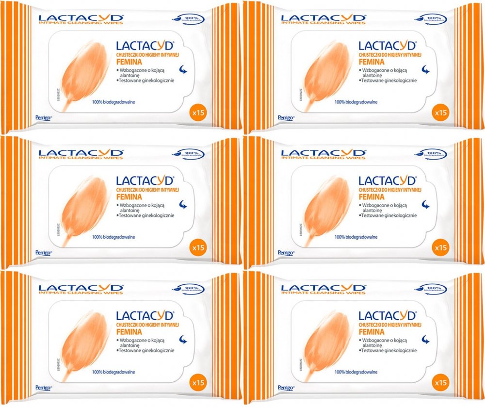 6x Chusteczki do higieny intymnej Lactacyd Femina, 15 sztuk