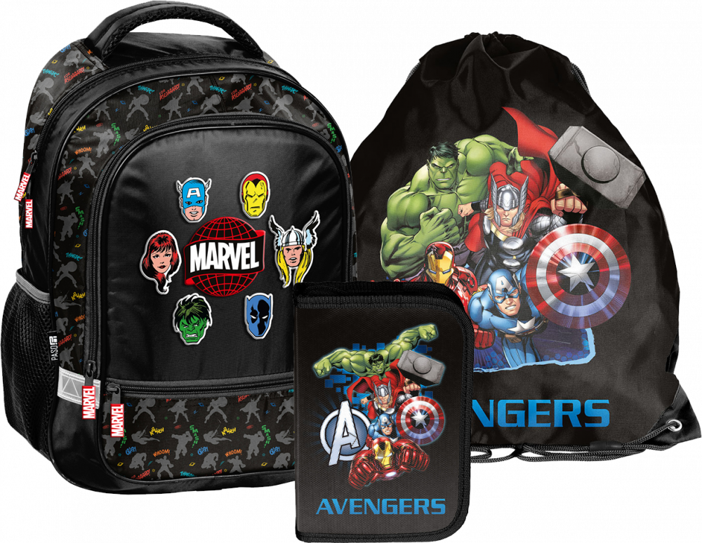 Zestaw: Plecak dwukomorowy + piórnik AV25LL+ worek na buty AV25LL-71 Paso Avengers
