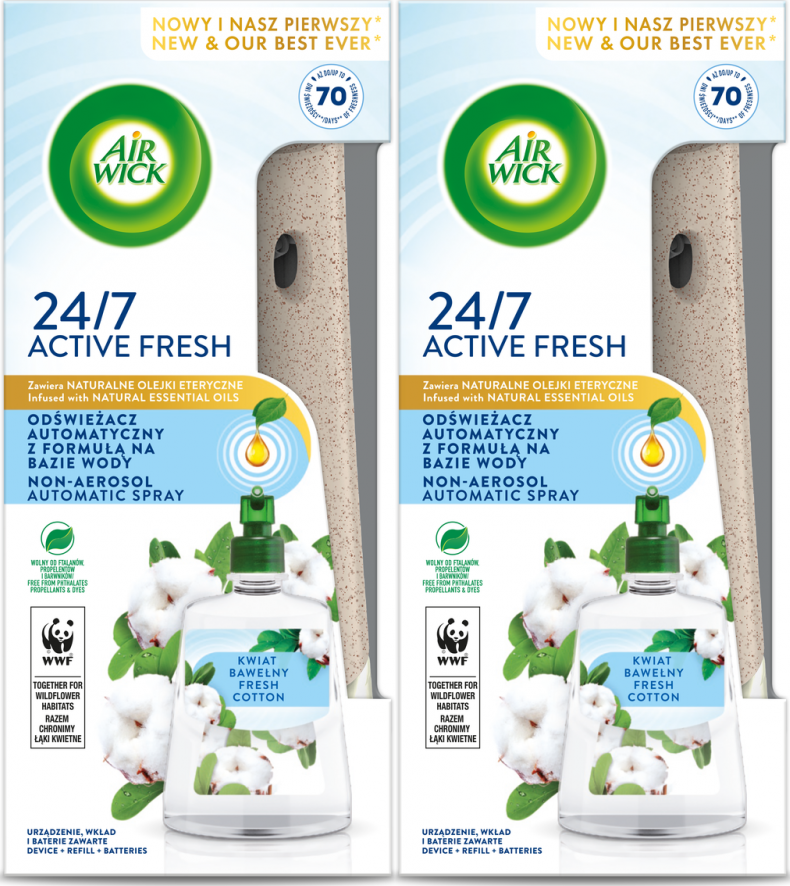 2x Odświeżacz powietrza Air Wick wkład + urządzenie, Active Fresh, kwiat bawełny/fresh cotton, 228ml