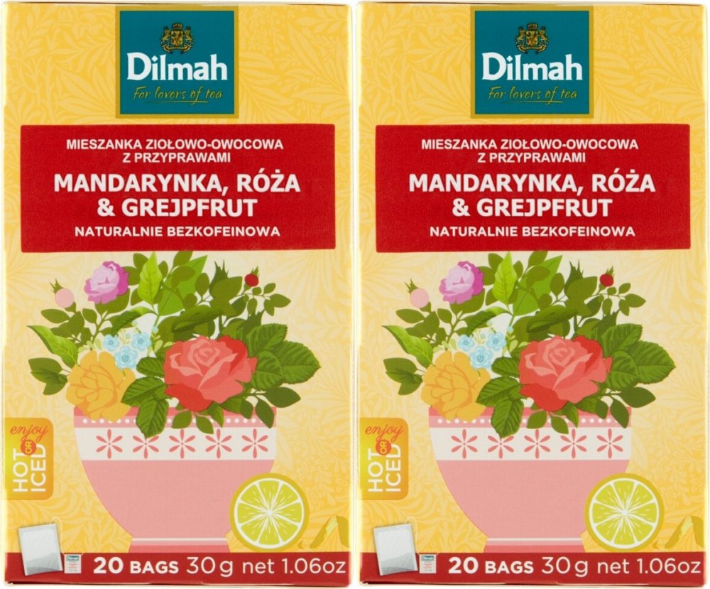 2x Herbata ziołowo-owocowa w torebkach Dilmah, mandarynka/róża/grejpfrut, 20 sztuk x 1.5g