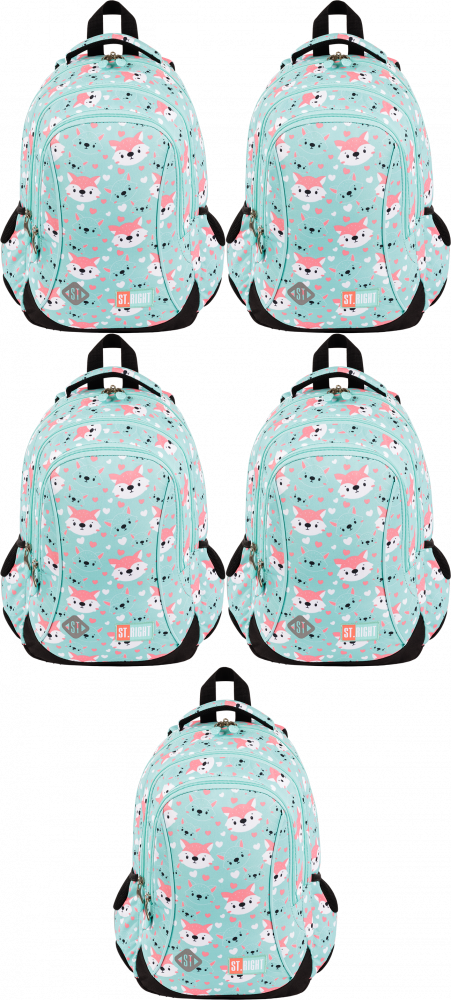 5x Plecak szkolny St.Right BP26 Lovely Foxy, trzykomorowy, 20l, 39x27x17cm, miętowy