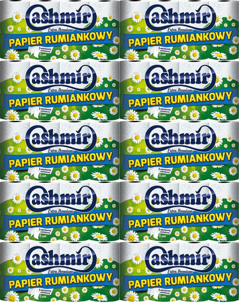 10x Papier toaletowy Cashmir Extra Premium, rumiankowy, 3- warstwowy, 18m, 8 rolek, biały