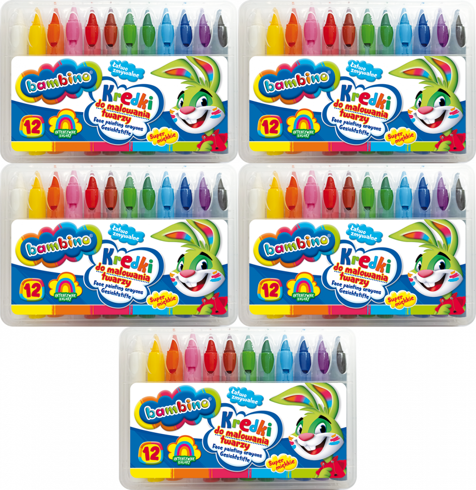 5x Kredki do malowania twarzy Bambino Zwierzaki Uczniaki, 12 sztuk, mix kolorów
