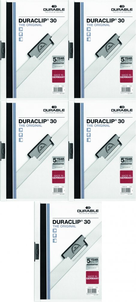 5x Skoroszyt plastikowy z klipsem Durable Duraclip, A4, do 30 kartek biały