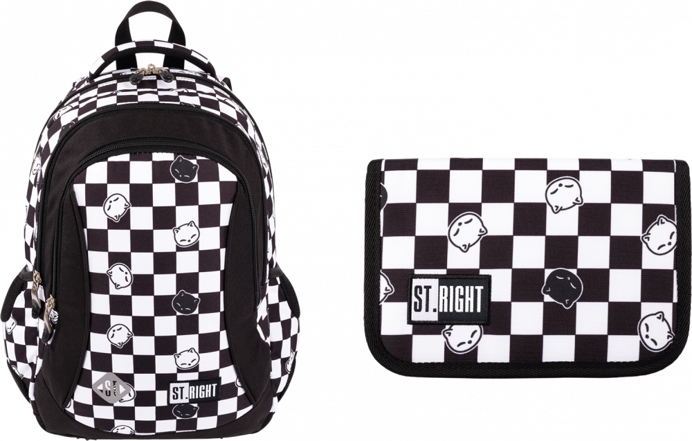 Zestaw: Plecak szkolny + Piórnik St.Right Chess Cats, czarno-biały