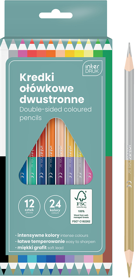 Kredki ołówkowe dwustronne Interdruk, trójkątne, 12 sztuk (24 kolory), mix kolorów