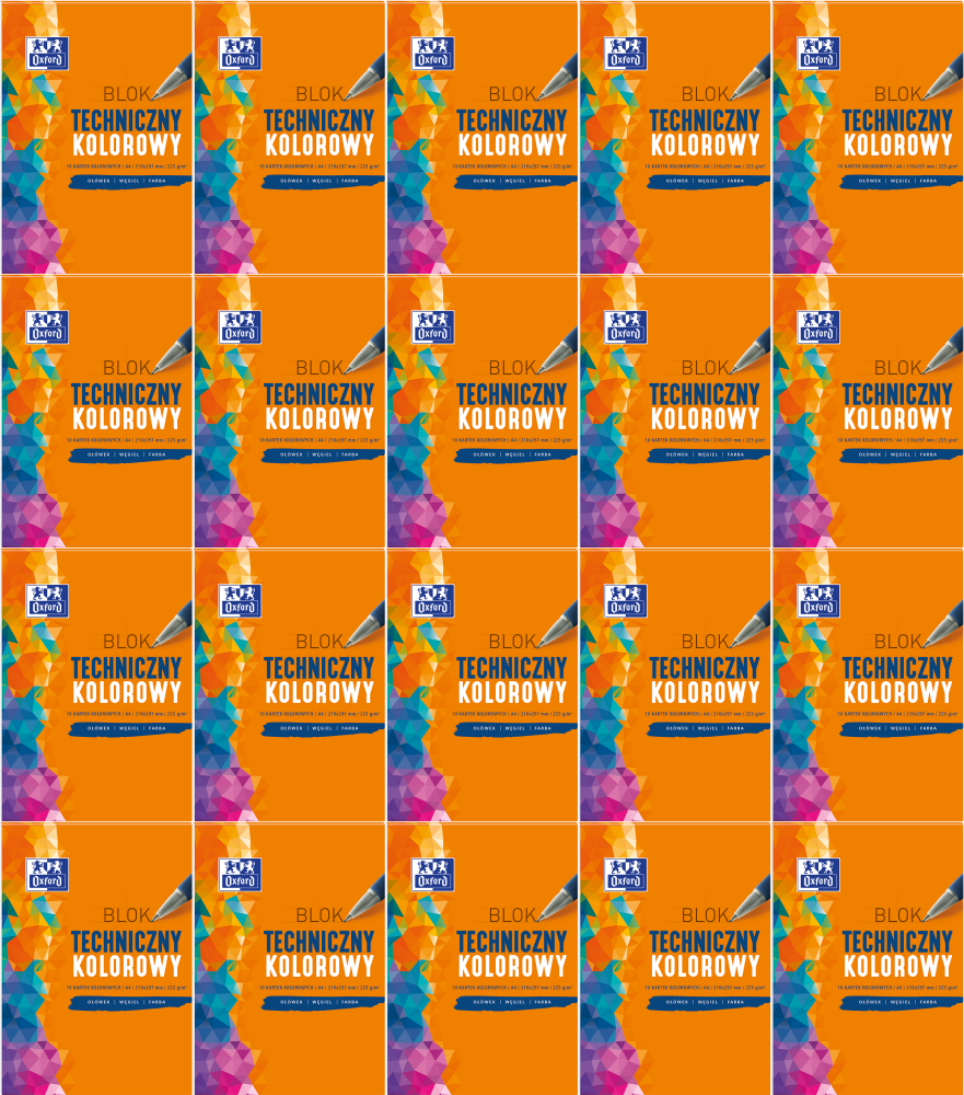 20x Blok techniczny, A4, 10 kartek, kolorowy, barwiony w masie