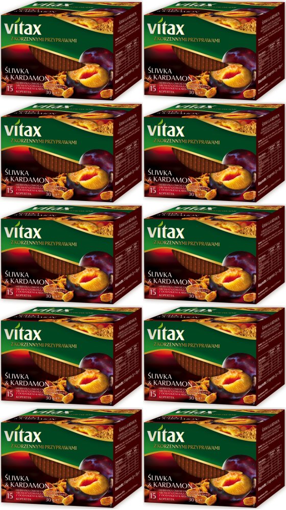 10x Herbata owocowo-ziołowa w kopertach Vitax z korzennymi przyprawami, śliwka i kardamon, 15 sztuk x 2g