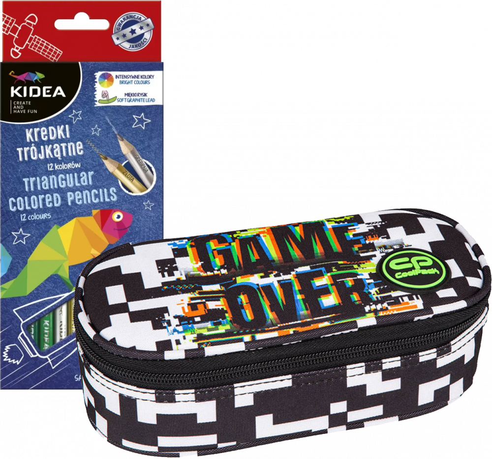 Zestaw: Kredki ołówkowe Kidea, trójkątne, 12 sztuk + Piórnik saszetka CoolPack Campus Game Over