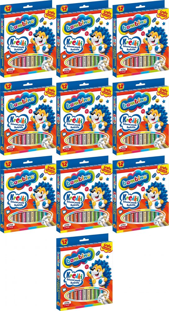 10x Kredki Bambino Zwierzaki Uczniaki, w oprawie drewnianej, 12 sztuk + temperówka, mix kolorów