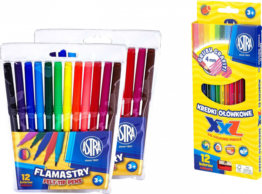 Zestaw:2x Flamastry Astra CX, 12 sztuk, mix kolorów+Kredki ołówkowe Astra XXL, hexagonalne, 12 sztuk + temperówka, mix kolorów