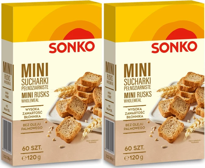 2x Mini sucharki Sonko, pełnoziarniste, 60 sztuk, 120g