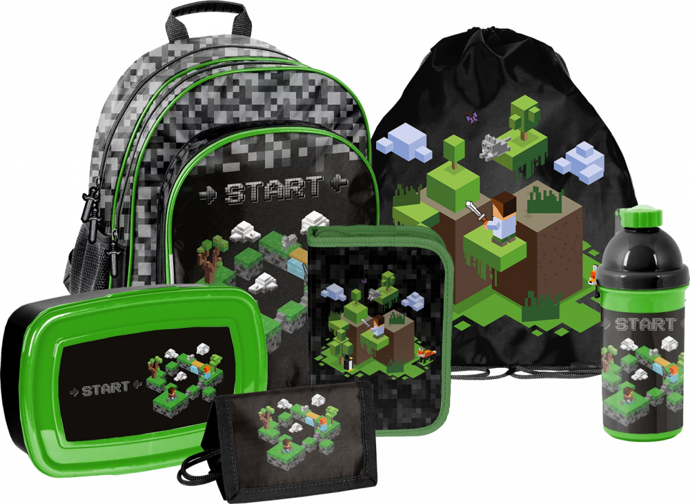 Zestaw: Plecak dwukomorowy + piórnik + worek na buty + portfel + bidon na wodę + lunchbox Paso Minecraft