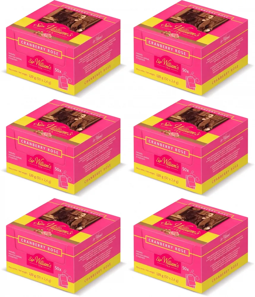 6x Herbata owocowa w kopertach Sir William’s Cranberry Rose, żurawina i dzika róża, 50 sztuk x 2.4g