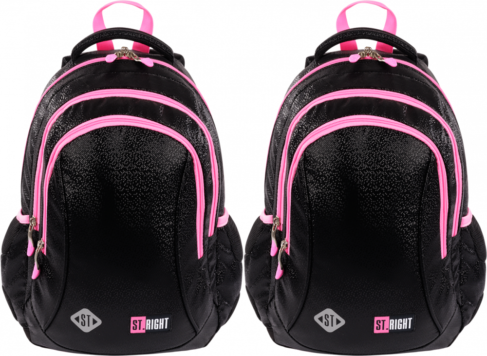 2x Plecak szkolny St.Right BP26 Black Gitter, trzykomorowy, 20l, 39x27x17cm, czarno-różowy