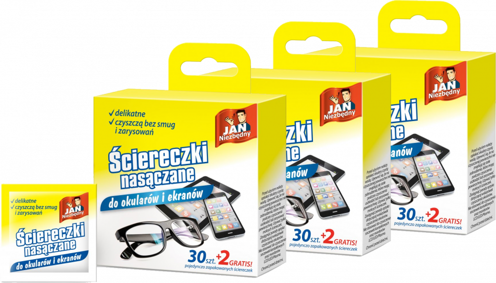 3x Ściereczki nasączane do okularów i ekranów, Jan Niezbędny, 30+2 sztuki
