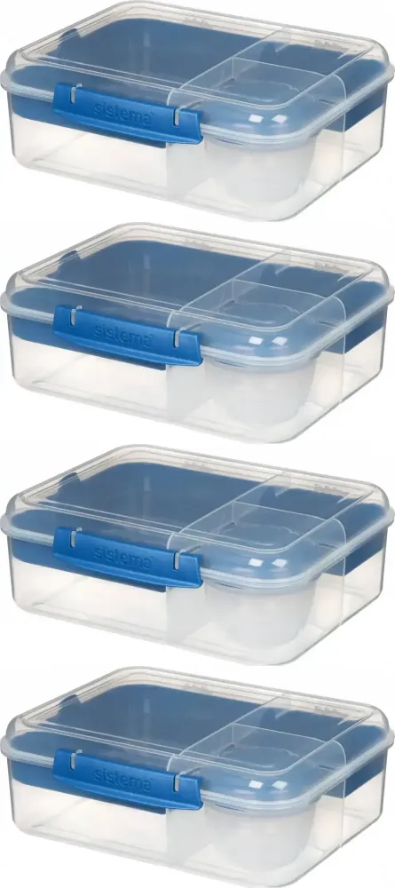 4x Lunchbox Sistema Bento Lunch To Go, 1.65l, z pojemnikiem na jogurt 150ml, mix kolorów