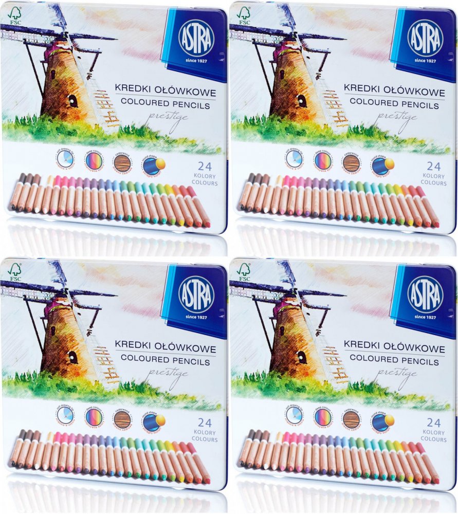 4x Kredki ołówkowe Astra Prestige, z drewna cedrowego, w metalowym pudełku, 24 sztuki, mix kolorów
