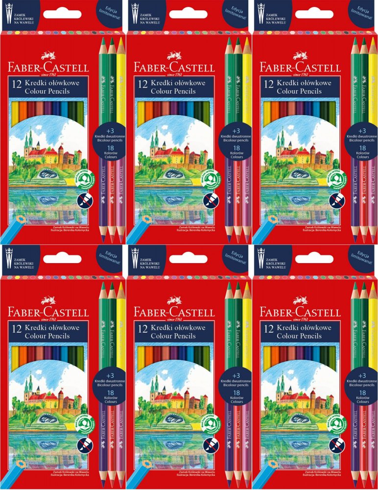 6x Kredki ołówkowe Faber Castell, Zamek, edycja limitowana Wawel, 12 sztuk + 3 kredki dwustronne, mix kolorów