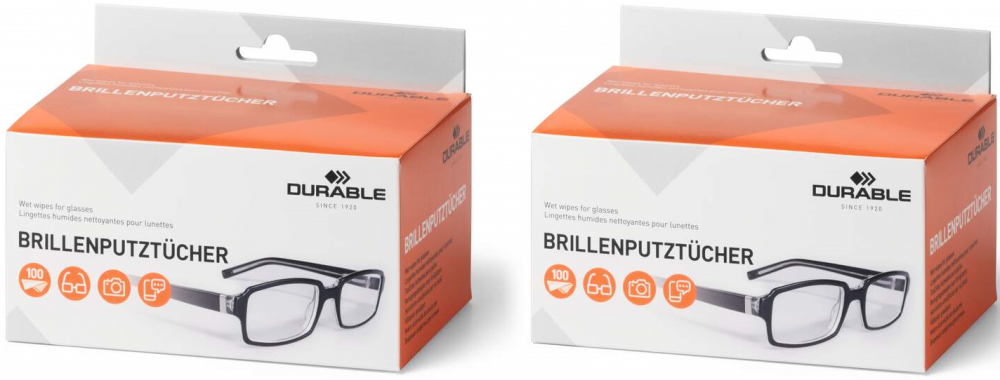 2x Ściereczki nasączane do okularów Durable, 100 sztuk