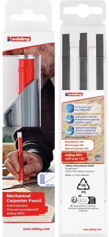 Zestaw: Ołówek stolarski mechaniczny edding e-8890, HB, blister + Wymienne wkłady edding e-8891, do ołówka e-8890, 10H, 6 sztuk