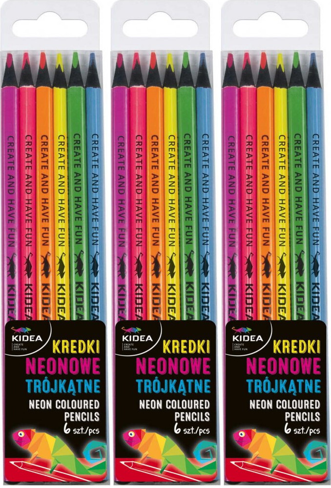 3x Kredki ołówkowe Kidea, trójkątne, 6 sztuk, mix kolorów neonowych