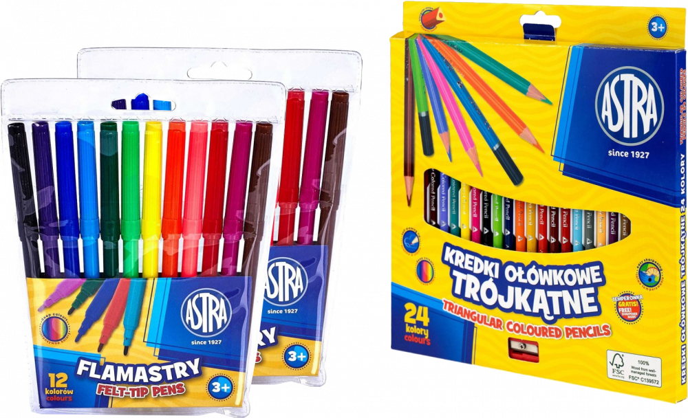Zestaw: 2x Flamastry Astra CX, 12 sztuk, mix kolorów + Kredki ołówkowe Astra, trójkątne, 24 sztuki + temperówka, mix kolorów
