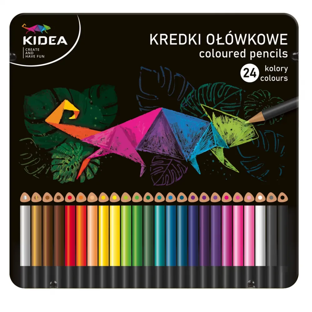 Kredki ołówkowe Kidea, trójkątne, w metalowym pudełku, 24 sztuki, mix kolorów