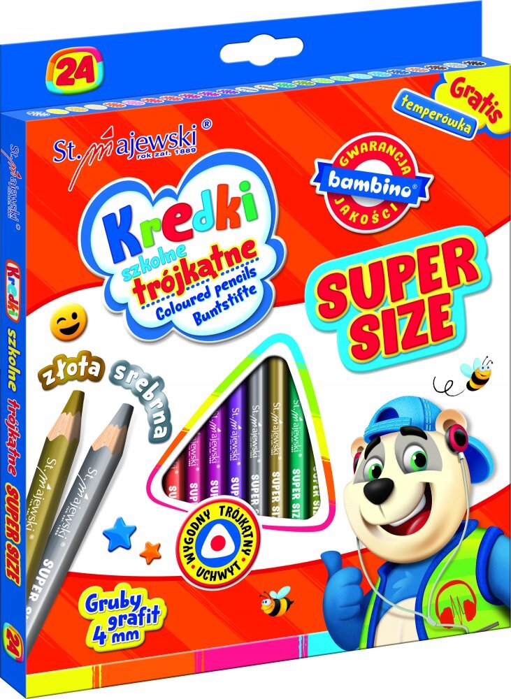 Outlet: USZKODZONE OPAKOWANIE Kredki Bambino Super Size, trójkątne, 24 sztuki + temperówka