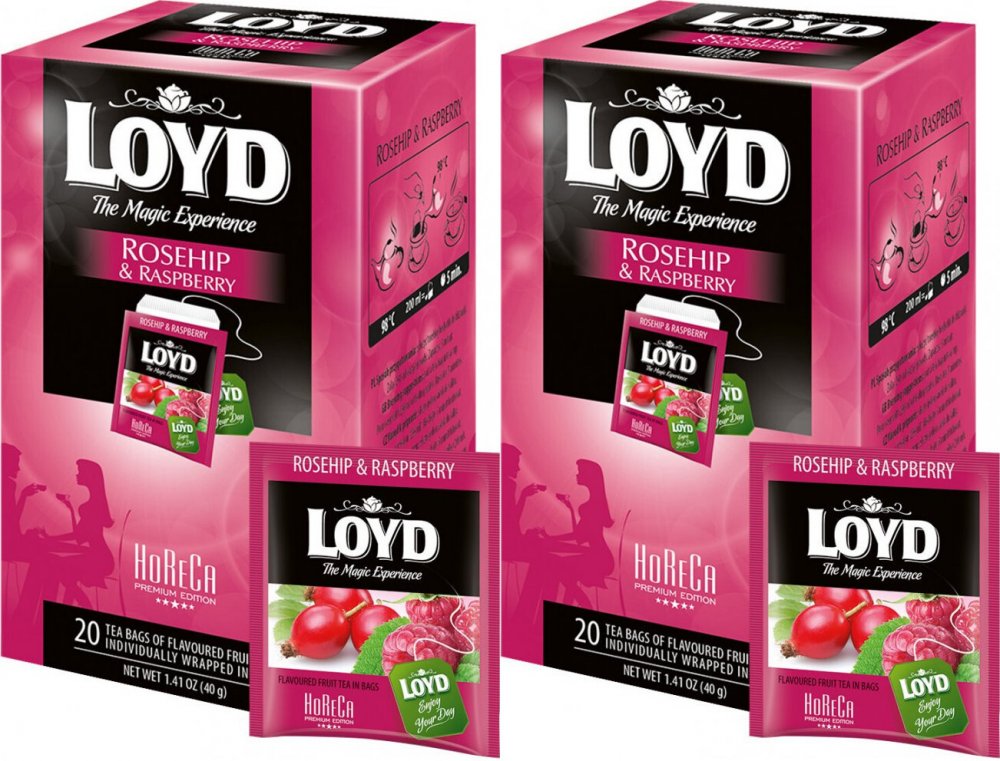 2x Herbata owocowa w kopertach Loyd Horeca Premium, dzika róża i malina, 20 sztuk x 2g