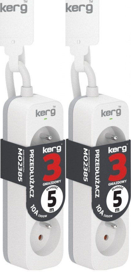 2x Przedłużacz Kerg, 5m, 3 gniazda, biało-szary