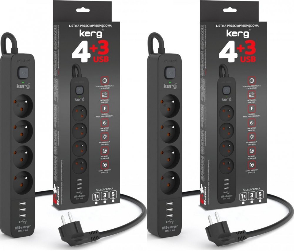 2x Listwa przeciwprzepięciowa Kerg, 3m, 4 gniazda + ładowarka 3xUSB-A, czarny