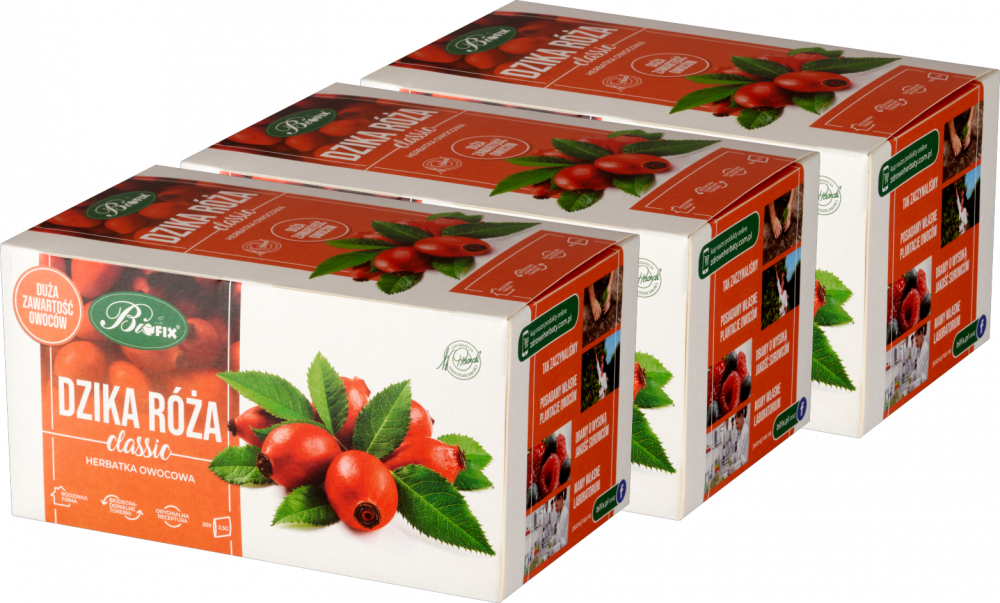 3x herbata owocowa w torebkach BiFix Classic, dzika róża, 20 sztuk x 2.5g
