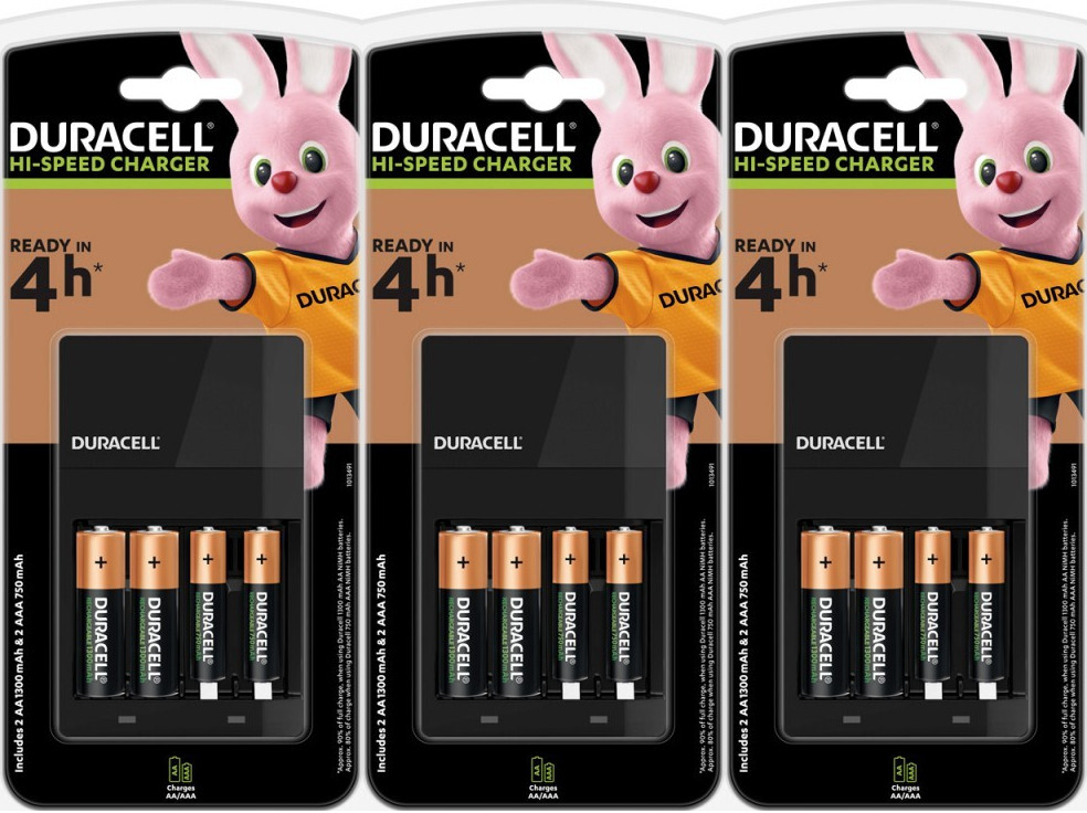 3x Ładowarka Duracell Hi-Speed Charger CEF14 + 2 AA R6 + 2 AAA, 4 kanały, czarny