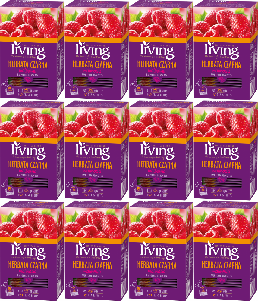 12x Herbata czarna aromatyzowana w kopertach Irving, malina, 20 sztuk x 1.5g