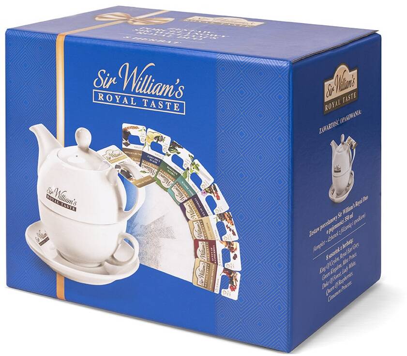 Outlet: WAŻNY DO 2025-05-22 Zestaw prezentowy Sir William’s Royal Duo, 8 smaków, 8 sztuk + porcelanowy dzbanek