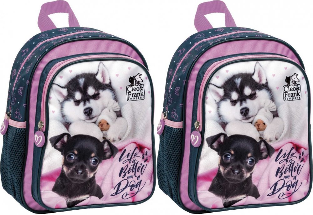 2x Plecak dla przedszkolaka Derform Cleo&Frank 38 (Pies), jednokomorowy, 9l, 29x23x14cm, granatowy